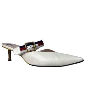 Gucci Sylvie Cream Leather Web Strap Bamboo Kitten Heel Mule Pumps Size 39 1/2